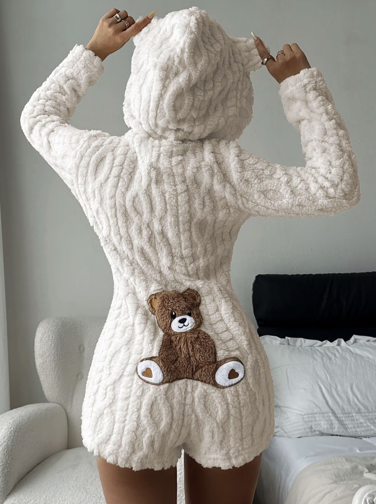 Women's Cute Teddy Bear Embroidered Hooded Fleece Sweatshirt
