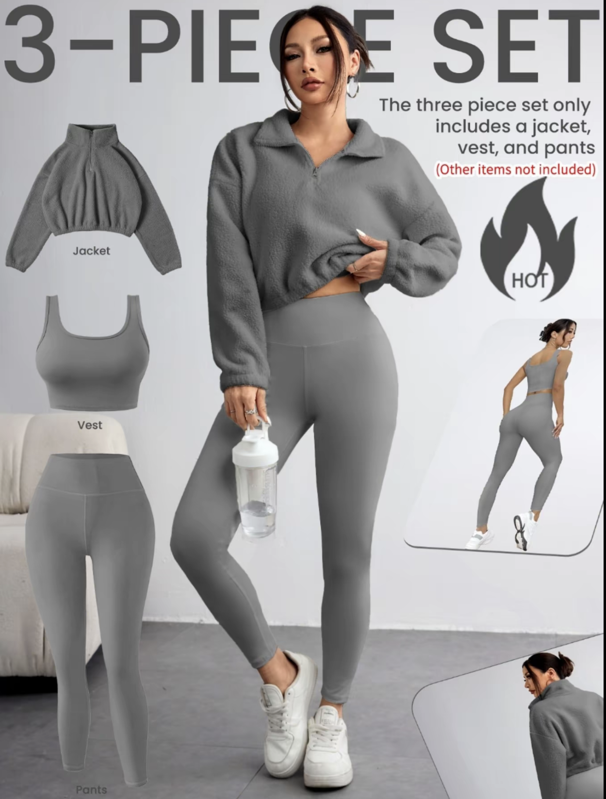 Women's Solid Zip Up Crop Pullover & Tank Top & Legging